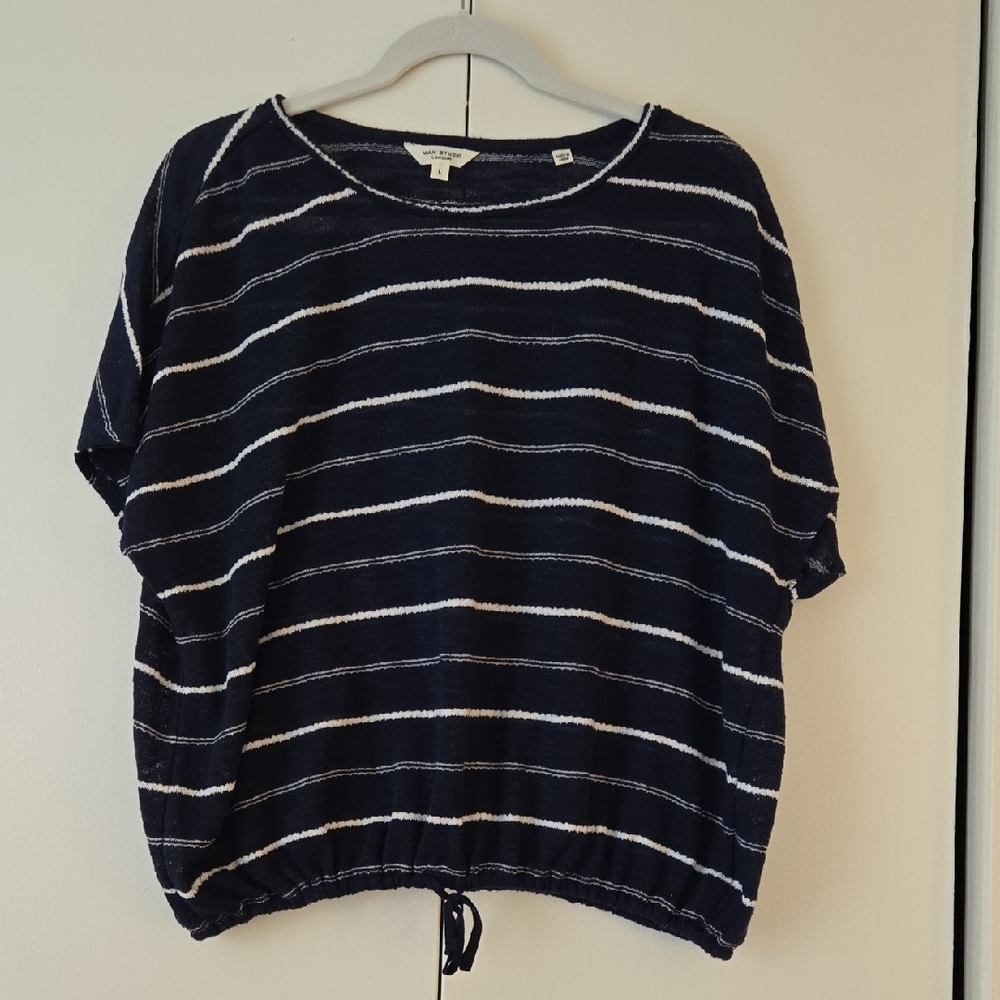 Max Studio Blue and White Dolman Sleeve Tie Front Tee